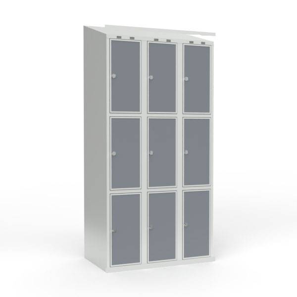 Skoleskab 90x55x190cm, 9 rum, skr&aring;t tag, gr&aring; d&oslash;re, h&aelig;ngel&aring;se