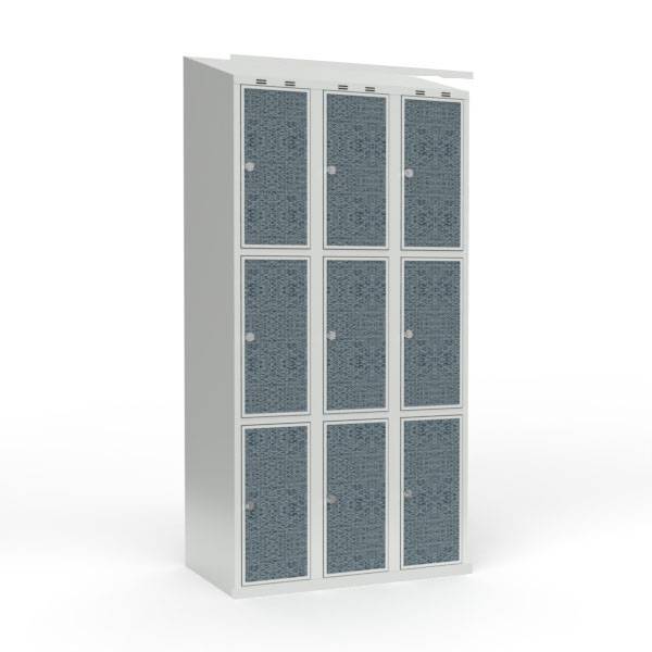 Skoleskab 90x55x190cm, 9 rum, skråt tag, sorte døre, hængelåse