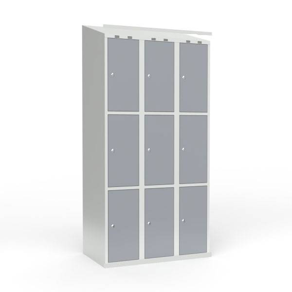 Skoleskab i stål med 9 rum, skråt tag og cylinderlås 90x55x190cm grå