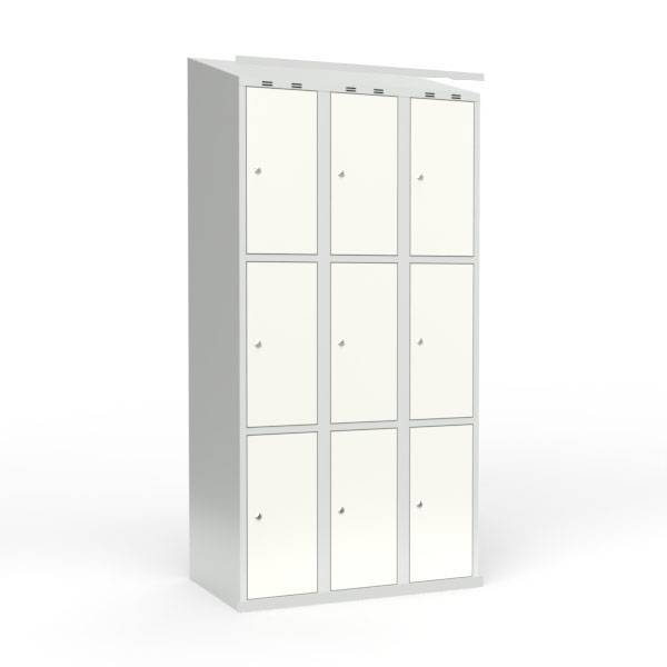 Skoleskab i stål med 9 rum, skråt tag og cylinderlås 90x55x190cm hvid