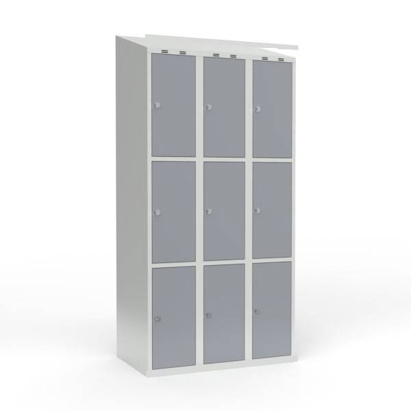 Skoleskab i st&aring;l med 9 rum, skr&aring;t tag og h&aelig;ngel&aring;s 90x55x190cm gr&aring;