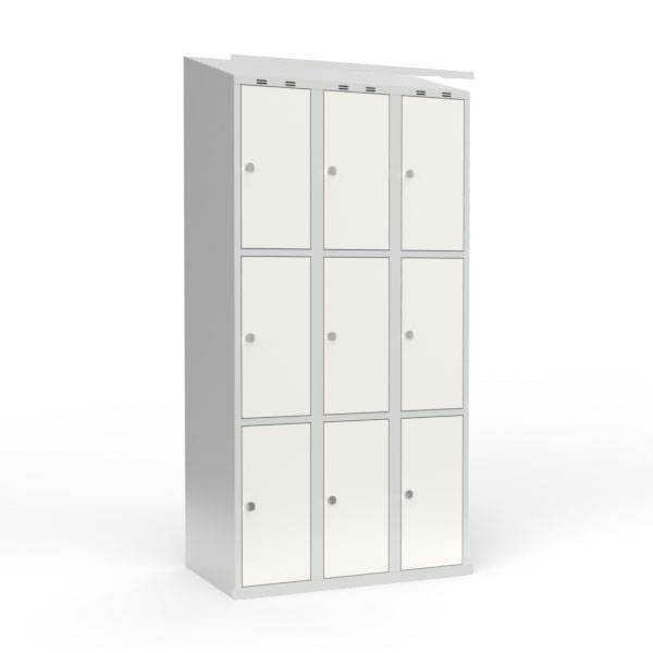Skoleskab i stål med 9 rum, skråt tag og hængelås 90x55x190cm hvid