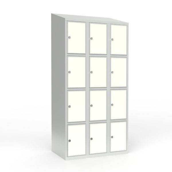 Skoleskab 90x55x190cm, 12 rum, skråt tag, hvide døre, hængelåse