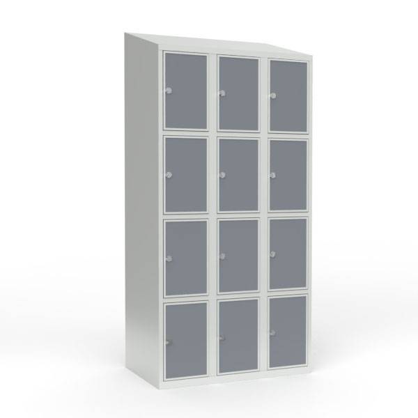 Skoleskab 90x55x190cm, 12 rum, skråt tag, grå døre, hængelåse