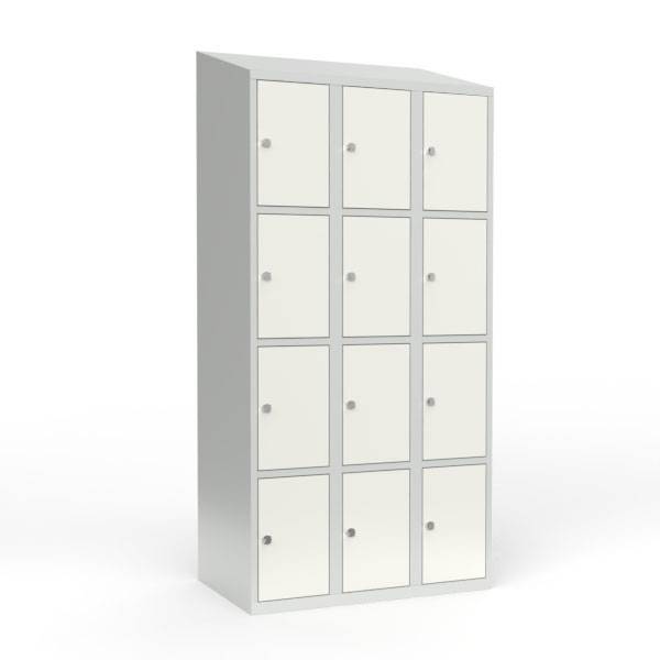 Skoleskab i st&aring;l med 12 rum, skr&aring;t tag og h&aelig;ngel&aring;s 90x55x190cm hvid