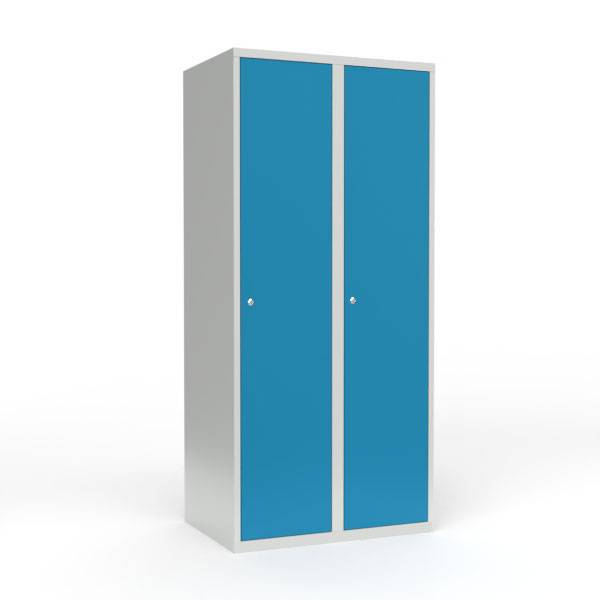 Skoleskab i stål med 2 rum, lige tag og cylinderlås 80x55x175cm lys blå