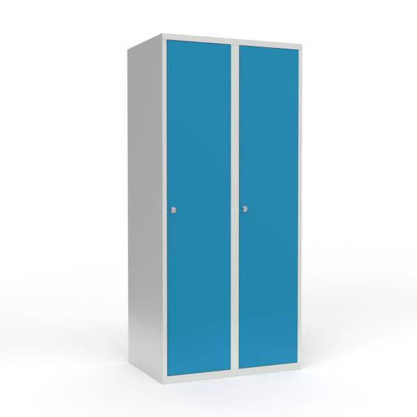 Skoleskab i st&aring;l med 2 rum, lige tag og h&aelig;ngel&aring;s 80x55x175cm lys bl&aring;