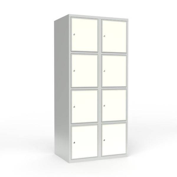 Skoleskab 80x55x175cm, 8 rum, lige tag, hvide døre, cylinderlåse
