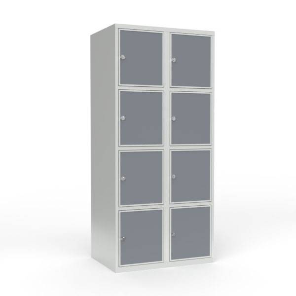 Skoleskab 80x55x175cm, 8 rum, lige tag, grå døre, hængelåse