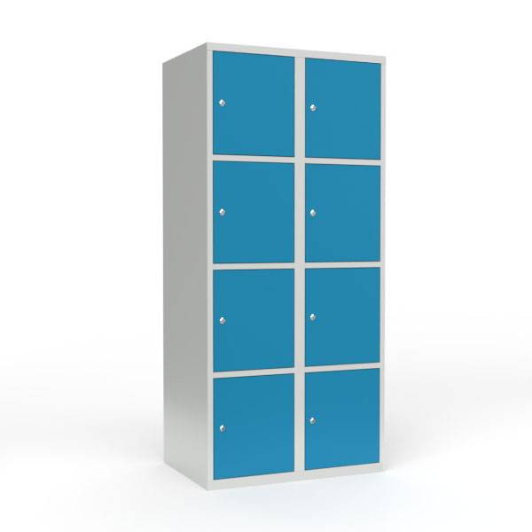 Skoleskab i st&aring;l med 8 rum, lige tag og cylinderl&aring;s 80x55x175cm lys bl&aring;