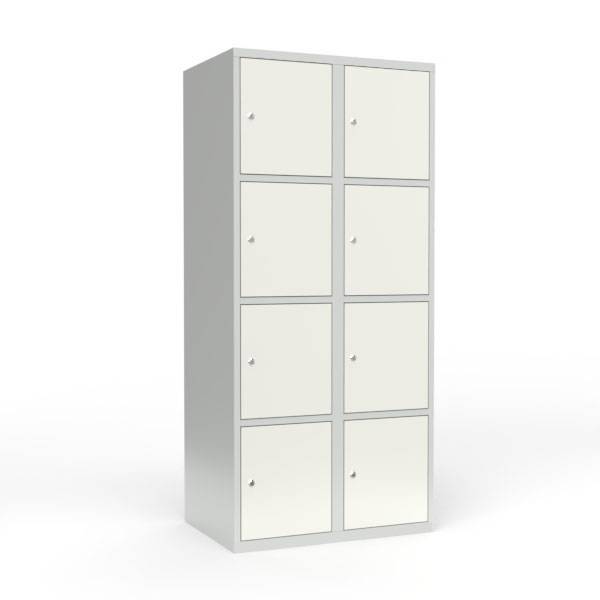 Skoleskab i stål med 8 rum, lige tag og cylinderlås 80x55x175cm hvid