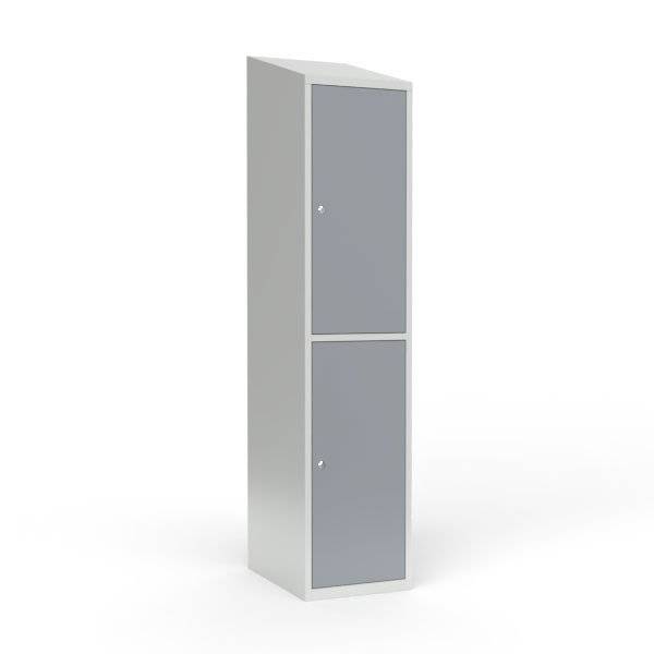 Skoleskab i st&aring;l med 2 rum, skr&aring;t tag og cylinderl&aring;s 40x55x190cm gr&aring;