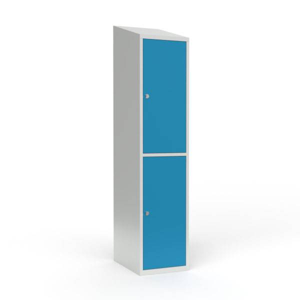 Skoleskab i st&aring;l med 2 rum, skr&aring;t tag og h&aelig;ngel&aring;s 40x55x190cm lys bl&aring;