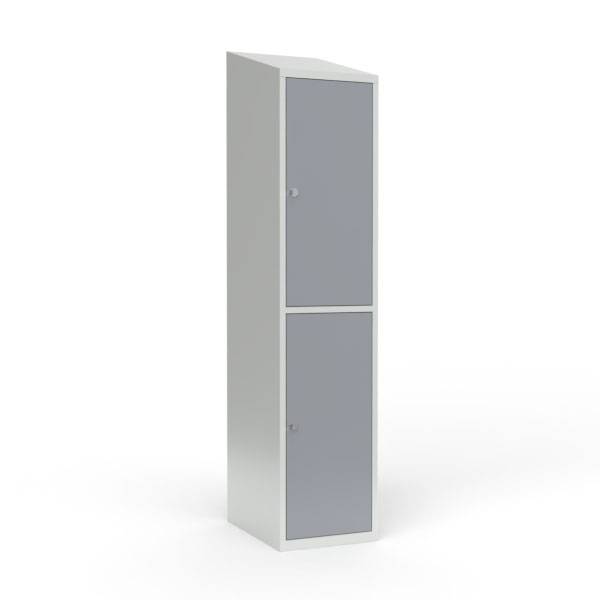 Skoleskab i stål med 2 rum, skråt tag og hængelås 40x55x190cm grå