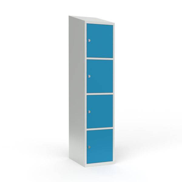 Skoleskab i stål med 4 rum, skråt tag og hængelås 40x55x190cm lys blå