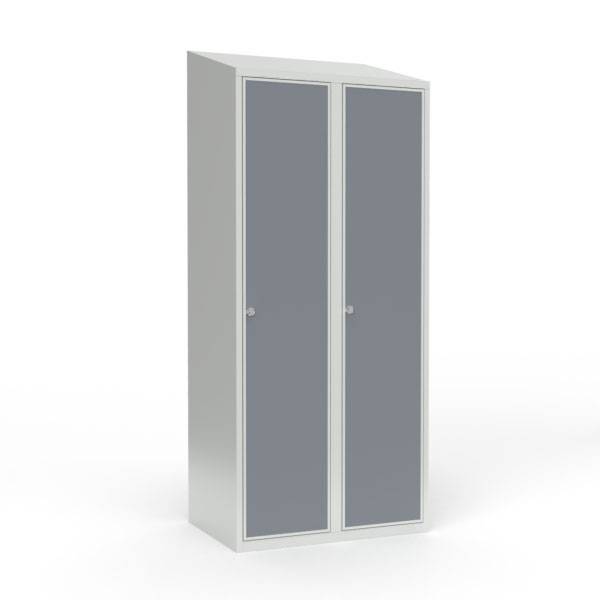 Skoleskab 80x55x190cm, skråt tag, grå døre med greb til hængelås