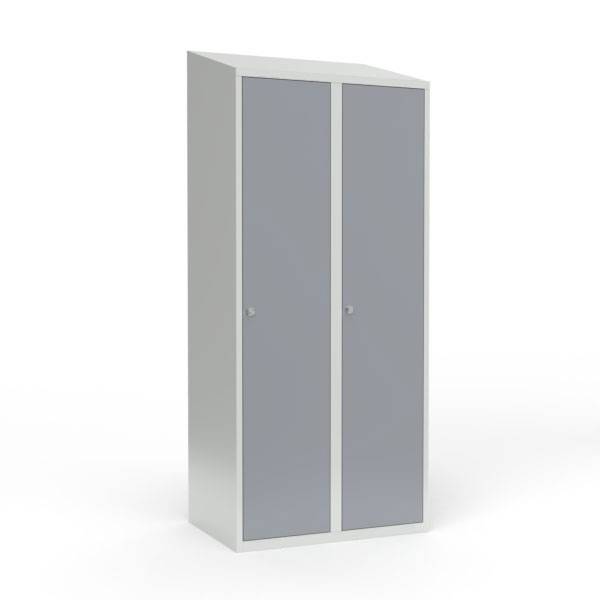 Skoleskab i stål med 2 rum, skråt tag og hængelås 80x55x190cm grå