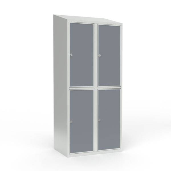Skoleskab 80x55x190cm, 4 rum, skråt tag, grå døre, hængelåse