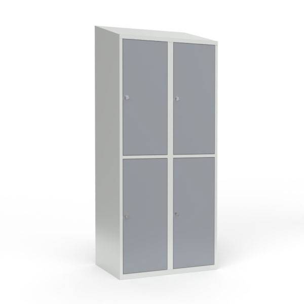 Skoleskab i stål med 4 rum, skråt tag og hængelås 80x55x190cm grå