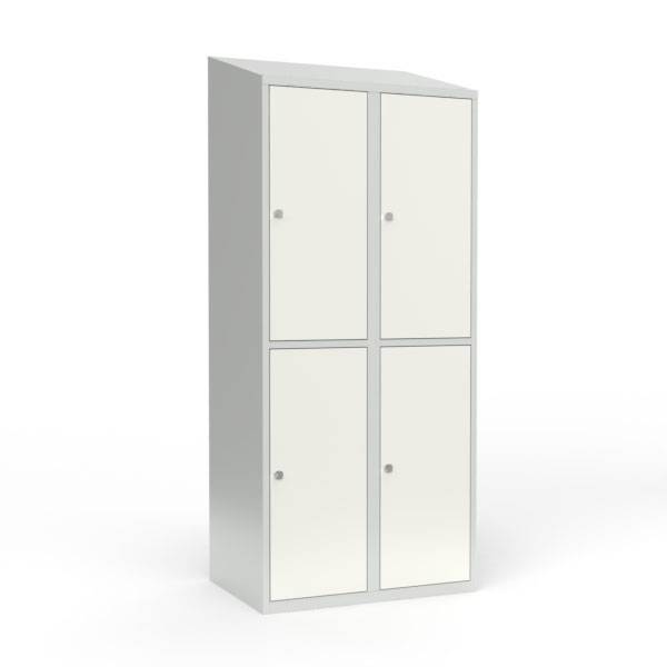 Skoleskab i st&aring;l med 4 rum, skr&aring;t tag og h&aelig;ngel&aring;s 80x55x190cm hvid