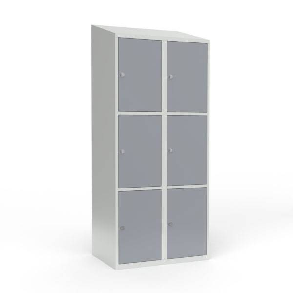 Skoleskab i stål med 6 rum, skråt tag og hængelås 80x55x190cm grå