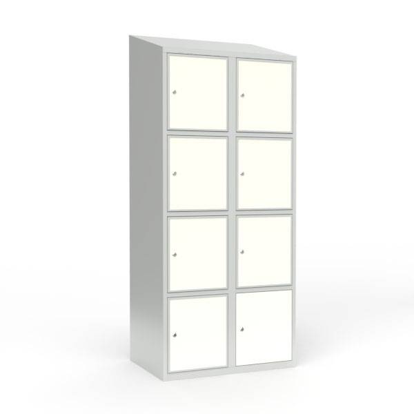 Skoleskab 80x55x190cm, 8 rum, skråt tag, hvide døre, cylinderlåse