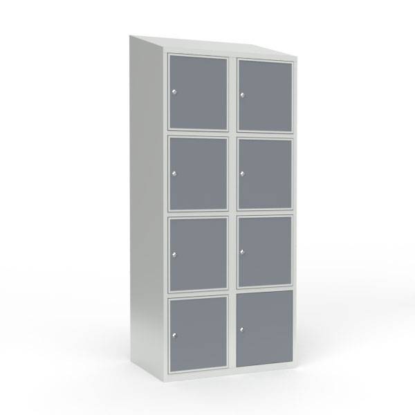 Skoleskab 80x55x190cm, 8 rum, skråt tag, grå døre, cylinderlåse