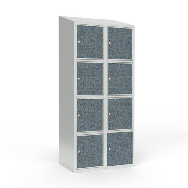 Skoleskab 80x55x190cm, 8 rum, skråt tag, sorte døre, cylinderlåse