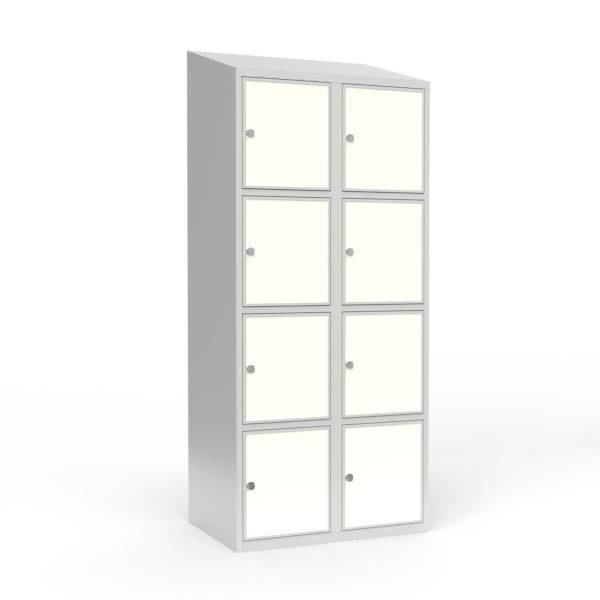 Skoleskab 80x55x190cm, 8 rum, skråt tag, hvide døre, hængelåse