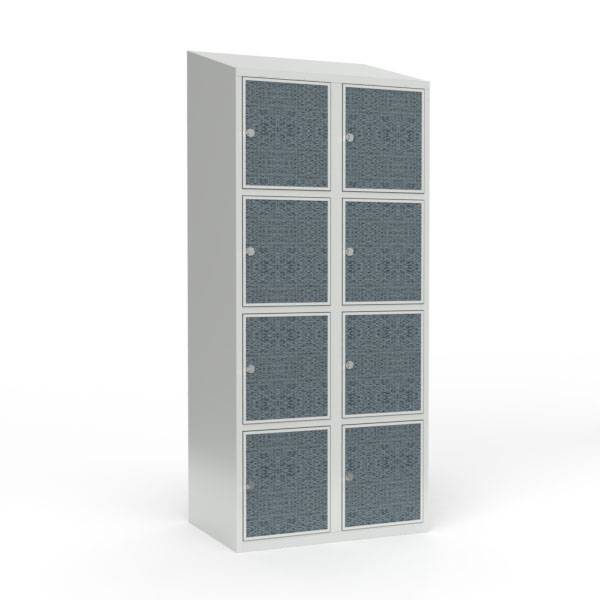 Skoleskab 80x55x190cm, 8 rum, skråt tag, sorte døre, hængelåse