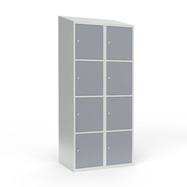 Skoleskab i stål med 8 rum, skråt tag og cylinderlås 80x55x190cm grå