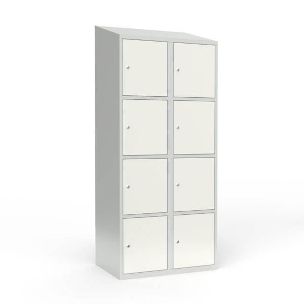 Skoleskab i stål med 8 rum, skråt tag og cylinderlås 80x55x190cm hvid