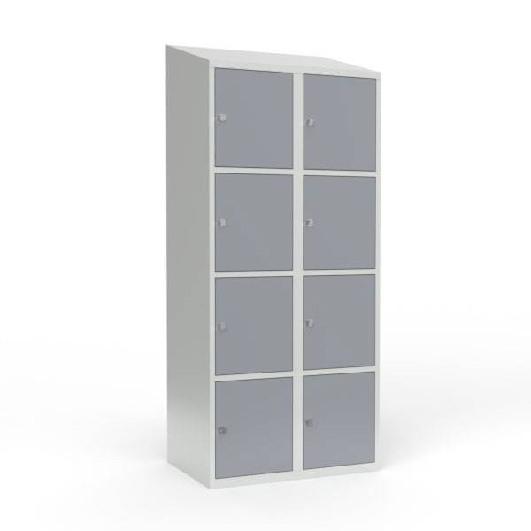 Skoleskab i stål med 8 rum, skråt tag og hængelås 80x55x190cm grå
