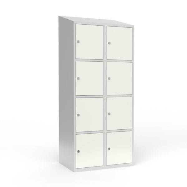 Skoleskab i stål med 8 rum, skråt tag og hængelås 80x55x190cm hvid