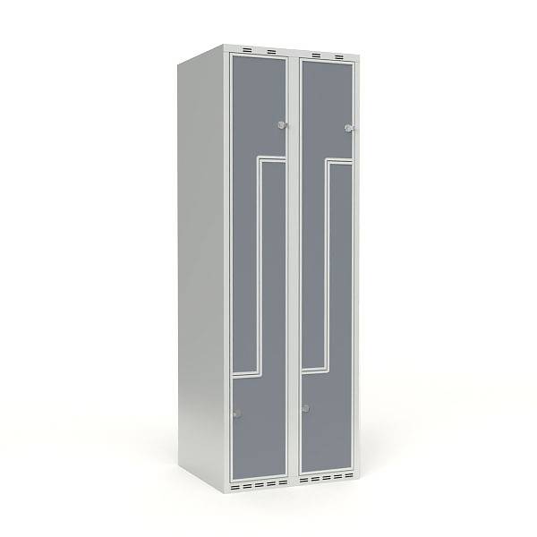 Skoleskab 60x55x175cm, 4 rum, lige tag, gr&aring; Z-d&oslash;re, h&aelig;ngel&aring;se