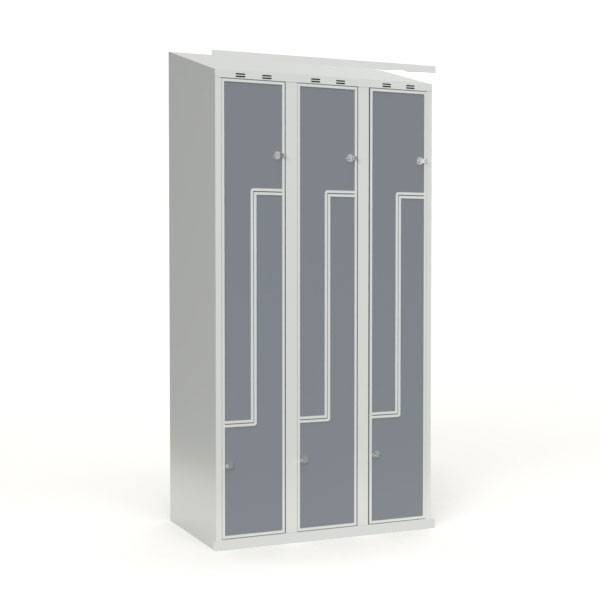 Skoleskab 90x55x175cm, 6 rum, lige tag, gr&aring; Z-d&oslash;re, h&aelig;ngel&aring;se