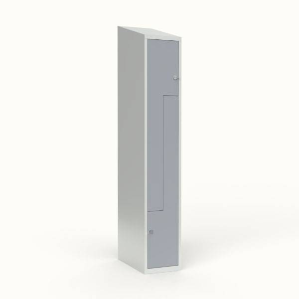 Skoleskab 30x55x190cm, skr&aring;t tag, 2 gr&aring; Z-st&aring;ld&oslash;re, h&aelig;ngel&aring;se