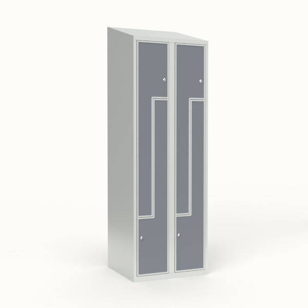 Skoleskab 60x55x190cm, 4 rum, skr&aring;t tag, gr&aring; Z-d&oslash;re, cylinderl&aring;se