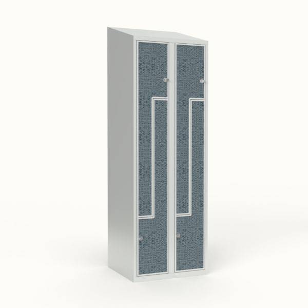 Skoleskab 60x55x190cm, 4 rum, skr&aring;t tag, sorte Z-d&oslash;re, h&aelig;ngel&aring;se