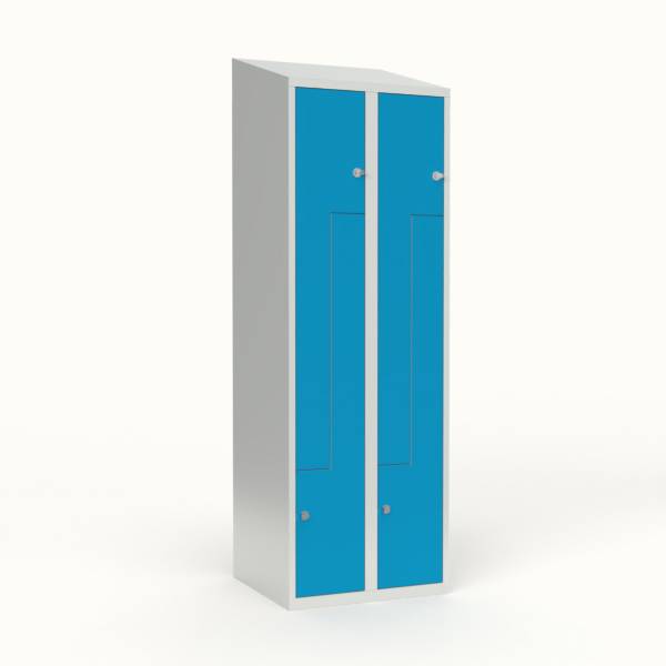 Skoleskab 60x55x190cm, skr&aring;t tag, 4 bl&aring; Z-st&aring;ld&oslash;re, h&aelig;ngel&aring;se