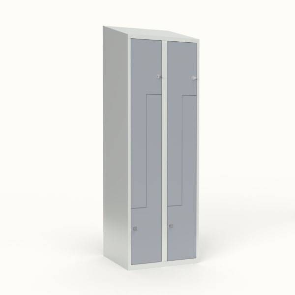 Skoleskab 60x55x190cm, skr&aring;t tag, 4 gr&aring; Z-st&aring;ld&oslash;re, h&aelig;ngel&aring;se