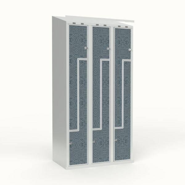 Skoleskab 90x55x190cm, 6 rum, skr&aring;t tag, sorte Z-d&oslash;re, h&aelig;ngel&aring;se