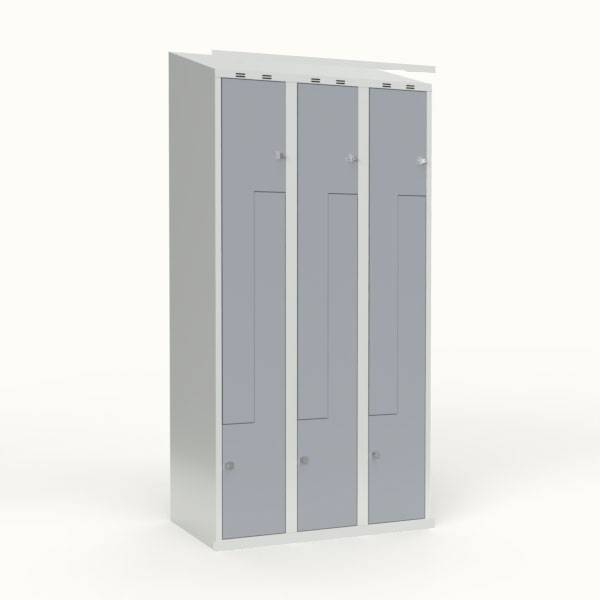 Skoleskab 90x55x190cm, skr&aring;t tag, 6 gr&aring; Z-st&aring;ld&oslash;re, h&aelig;ngel&aring;se