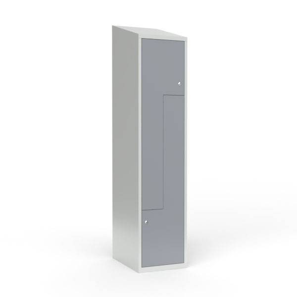 Skoleskab 40x55x190cm, skr&aring;t tag, 2 gr&aring; Z-st&aring;ld&oslash;re, cylinderl&aring;se