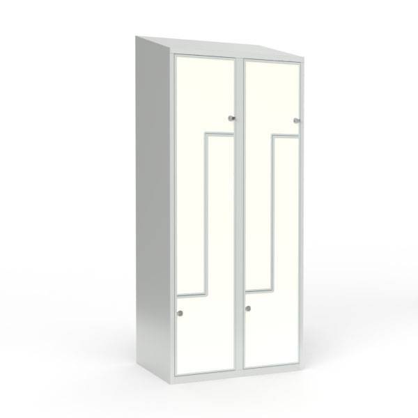 Skoleskab 80x55x190cm, 4 rum, skr&aring;t tag, hvide Z-d&oslash;re, h&aelig;ngel&aring;se