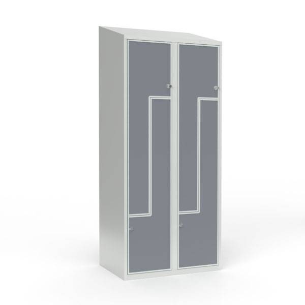 Skoleskab 80x55x190cm, 4 rum, skr&aring;t tag, gr&aring; Z-d&oslash;re, h&aelig;ngel&aring;se