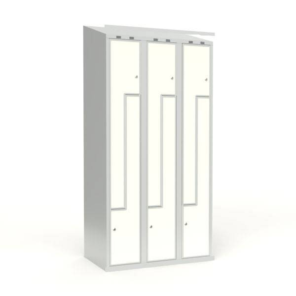 Skoleskab 90x55x190cm, 6 rum, skr&aring;t tag, hvide Z-d&oslash;re, cylinderl&aring;se