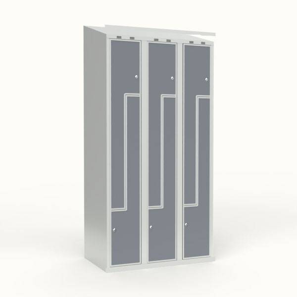 Skoleskab 90x55x190cm, 6 rum, skr&aring;t tag, gr&aring; Z-d&oslash;re, cylinderl&aring;se