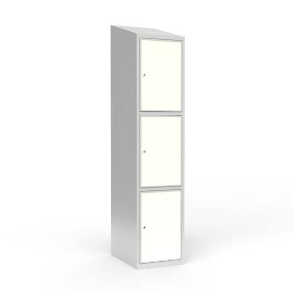 Skoleskab 40x55x190cm, 3 rum, skr&aring;t tag, hvide d&oslash;re, cylinderl&aring;se