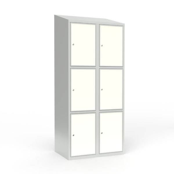 Skoleskab 80x55x190cm, 6 rum, skråt tag, hvide døre, cylinderlåse